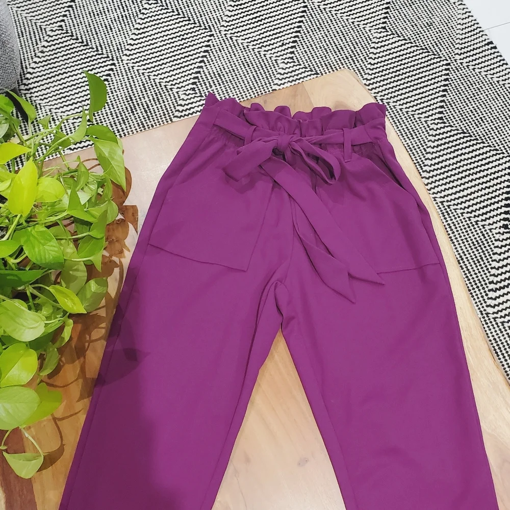 Tie Front Paperbag High Waist Tapered Trousers In Light Plum - Picture 4 of 7